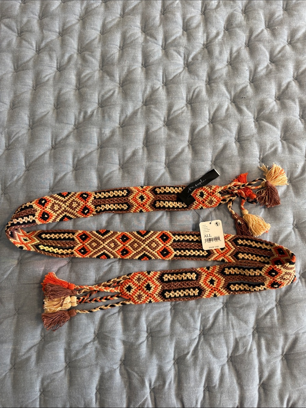 Free People Handwoven Geometric Tassel Belt in Orange, Brown & Cream NWT
